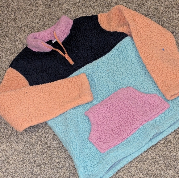 crown & ivy Other - Girls Medium Cozy Colorblock Sherpa Pullover Sweater - Pink/Peach/Blue